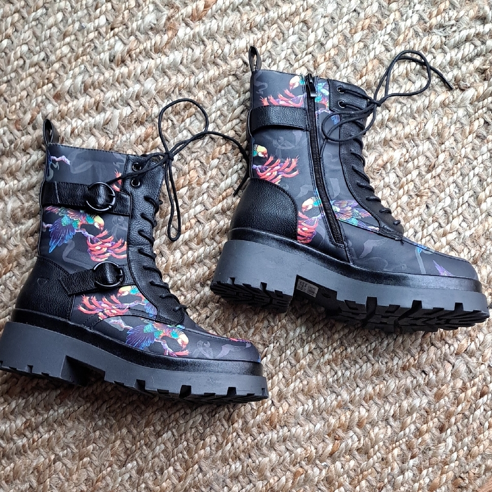 NWOT Floral Black Combat Boots